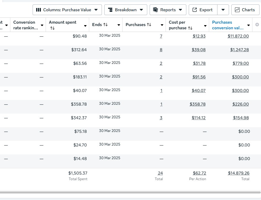 Meta Ads Manager results: $1,505.37 spent, 24 purchases at $62.72 each, $14,879.26 in purchase conversion value.